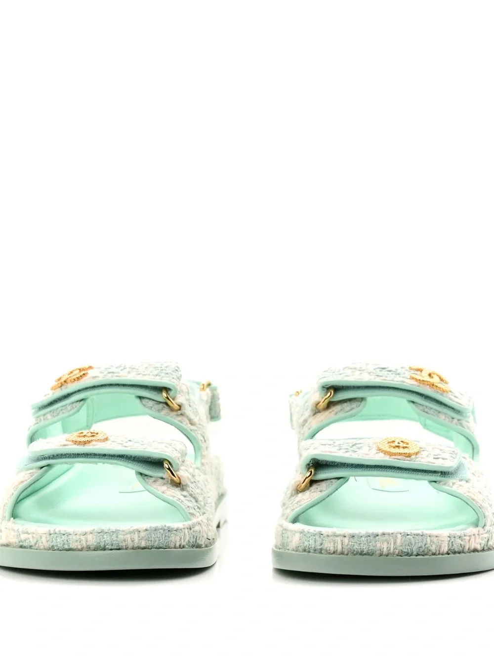 CHANEL Mint Green Tweed Slide Sandals with Gold CC Medallions